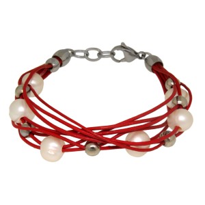 Lederarmband rot mit weißen und silbernen Kunstperlen