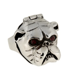 Schwerer Ring aus 925 Sterling Silber, Motiv Bulldogge, Kristall pink, Innendurchmesser 19mm