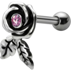 TIP Ohrpiercing mit 925 Silber Rosen und einem rosa Kristallstein