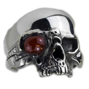 Schwerer Silberring Motiv Totenkopf aus 925 Sterling Silber mit rotem Auge, oxidiert, Innendurchmesser 17mm