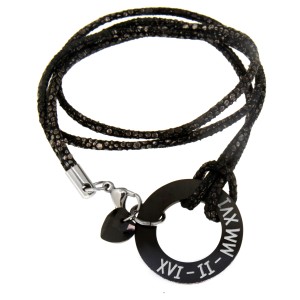 Echtlederarmband schwarz-glitzernd mit Gravur 18cm