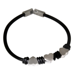 Armband aus schwarzem Kautschuk mit drei herzförmigen Stahlelementen 17cm / 18cm / 19cm / 20cm / 21cm / 22cm / 23cm