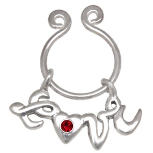 Beweglicher Clip für die Brustwarze - ohne Piercing -  aus 925 Sterling Silber, Schriftzug LOVE, rot
