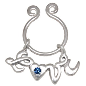 Beweglicher Clip für die Brustwarze - ohne Piercing -  aus 925 Sterling Silber, Schriftzug LOVE, sapphirblau