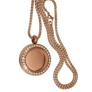 Rundes Medaillon Anhänger KLEIN Edelstahl PVD rose gold beschichtet mit Kristallen