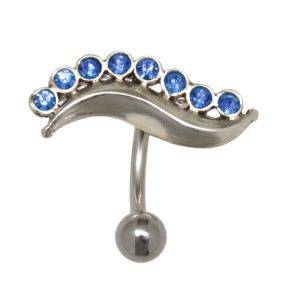 Bauchnabelpiercing  316L Chirurgenstahlbanane und 925 Silber Design, kleine Wellenform, Kristalle in dunkelblau