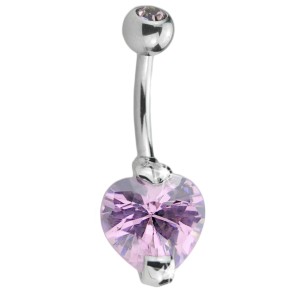 Bauchnabel Piercing 1.6x10mm ChirurgenstahlStab mit 10mm Durchmesser Cubic Zirkonia in Stahl eingefasst, herzförmig, rosefarben