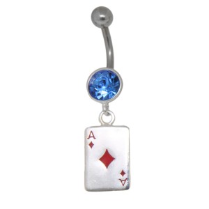 Bauchnabelpiercing mit einer Steinfassung und Karo AS Karte aus 925 Silber, sapphire, 1.6x14mm