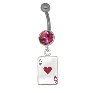 Bauchnabelpiercing mit einer Steinfassung und Herz AS Karte aus 925 Silber, rose, 1.6x8mm