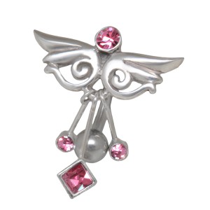 Bauchnabelpiercing 1.6x10mm mit Ornament, Fantasie-Flügel mit drei Kristall-Anhängern