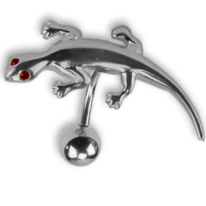 Bauchnabel Piercing Schmuck, Titanstab, der Salamander besteht aus Silber - mit hellblauen Kristallaugen