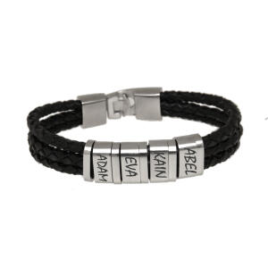 Armband aus Leder schwarz, dreireihig mit 4 Elementnen aus Edelstahl mit individueller Gravur