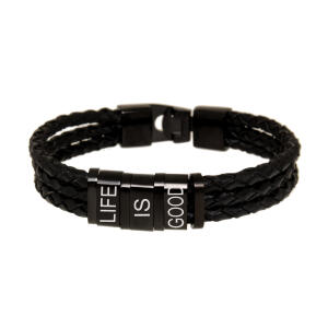 Armband aus Leder schwarz, dreireihig mit 3 Elementen aus Edelstahl mit individueller Gravur