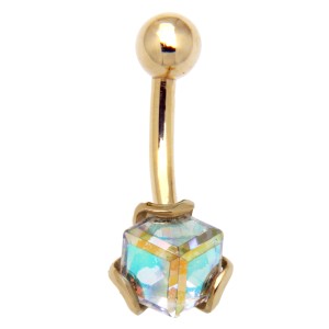 9 Karat Gold Bauchnabel Piercing, extravagant gefasster Kristallwürfel in changierenden Farben