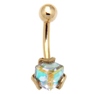 Bauchnabel Piercing aus 9 Karat Gold, extravagant gefasster Kristallwürfel in changierenden Farben