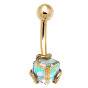 Bauchnabel Piercing aus 9 Karat Gold, extravagant gefasster Kristallwürfel in changierenden Farben