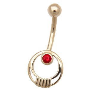 9 Karat Gold Bauchnabel Piercing, elegantes 50er Jahre Motiv, roter Kristall