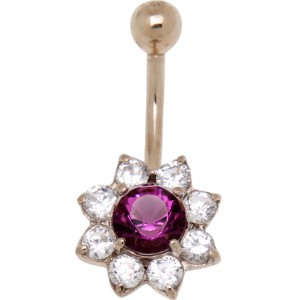 Bauchnabel Piercing aus 9 Karat Gold Kristallblüte DRAMA, runder lila Kristall im Zentrum