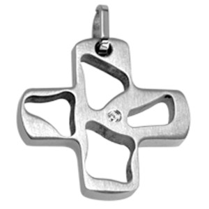 Edelstahl-Kettenanhänger in Kreuzform mit Aussparungen und einem kleinen Kristall