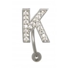Buchstaben-Bauchnabelpiercing K mit Stahl oder Titanbanane, 1.6x6mm / 1.6x8mm / 1.6x10mm / 1.6x12mm / 1.6x14mm