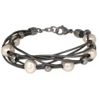 Leather bracelet silver gray with white freshwater pearls and silver artificial pearls