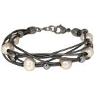 Lederarmband silber grau mit wei&szlig;en S&uuml;sswasserperlen und silbernen Kunstperlen