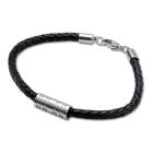 Lederarmband schwarz geflochten mit einem zylinderf&ouml;rmigen Edelstahl Design
