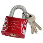 Liebesschloss rot aus Aluminium 50mm mit Flammen Motiv und Ihrer individuellen Gravur