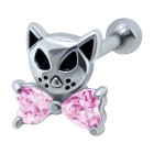 316L Helix ear piercing 1.2x6, motif cat with bow tie made of 925 sterling silver