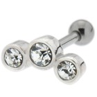 TIP Ohrpiercing mit 1.2x6mm 316L Barbell mit drei in  925 Sterling Silber gefassten Kristallen