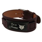 Brown leather bracelet with a black steel plate and individual engraving