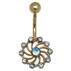 9 Karat Gold Bauchnabel Piercing, wirbelnde Sonne mit hellblauen Kristallen