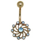 Bauchnabel Piercing aus 9 Karat Gold, wirbelnde Sonne mit hellblauen Kristallen
