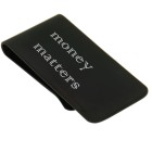 Geldklammer aus Edelstahl PVD schwarz beschichtet mit individueller Gravur, Beispiel: MONEY MATTERS