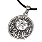 Runder Anh&auml;nger aus 925 Sterling Silber, Pentagramm, Symbole