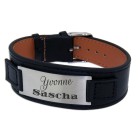 Black leather bracelet with a steel plate and individual engraving