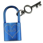 Necklace pendant lock made of stainless steel PVD coated blue with an attached key and individual engraving