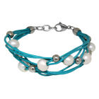 Lederarmband t&uuml;rkis mit wei&szlig;en S&uuml;sswasserperlen und silbernen Kunstperlen