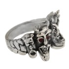 Schwerer Ring aus 925 Sterling Silber, Motiv Dämonen, rote Kristall-Augen
