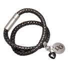 Echtlederarmband dunkelgrau mit Python-Print doppelt gewickelt mit rundem Anh&auml;nger und schwarzem Kristallherz  Edelstahl Magnet
