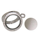 Runder Medaillon Anh&auml;nger GROSS aus Edelstahl silber poliert mit Kristallen und Kette