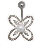 Bauchnabelpiercing 1.6x10mm mit einem Bl&uuml;tendesign mit einer Kunstperle und kleinen Navetten