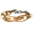 Lederarmband sandfarben mit wei&szlig;en und silbernen Kunstperlen