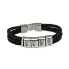 Armband aus Leder schwarz, dreireihig mit 4 Elementnen aus Edelstahl mit individueller Gravur