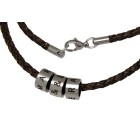 Namenskette Halskette aus geflochtenem braunen oder schwarzen Leder, mit 3 Elementen aus Edelstahl mit individueller Gravur