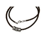 Namenskette Halskette aus geflochtenem braunen oder schwarzen Leder, mit 3 Elementen aus Edelstahl mit individueller Gravur