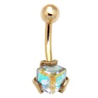 9 Karat Gold Bauchnabel Piercing, extravagant gefasster Kristallwürfel in changierenden Farben