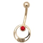 9 Karat Gold Bauchnabel Piercing, elegantes 50er Jahre Motiv, roter Kristall