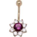 Bauchnabel Piercing aus 9 Karat Gold Kristallbl&uuml;te DRAMA, runder lila Kristall im Zentrum