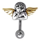 Bauchnabel Piercing Engel aus Stahl und Silber, der Engel mit goldenen Flügeln guckt Dich an